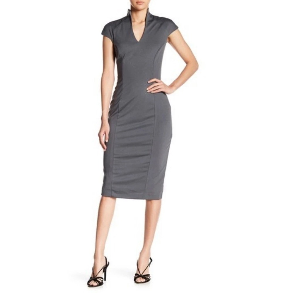 Alexia Admor Katrina Dress Womens Small Gray Sheath V Neck Structured Formal